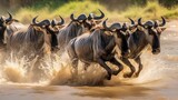  a herd of wildebeest running through a body of water.  generative ai