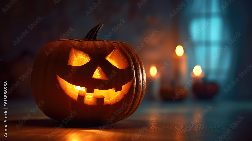 Fototapeta premium close-up of halloween pumpkin jack lantern. Generative AI