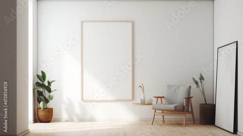 Modern Interior Design with Blank Mockup Frame Poster, 3D Render, 3D Illustration