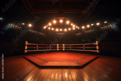 Empty Box arena illuminated by spotlights and spotlights, banner template with copy space for text. Sports betting, professional boxing, nobody. Black red colors. Generative AI. © SnowElf