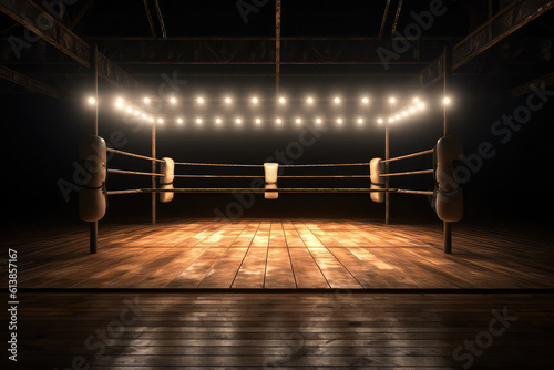 Empty wooden Box arena illuminated by spotlights and spotlights, template with copy space for the banner. Sports betting, professional boxing, nobody. Black yellow colors. Generative AI. © SnowElf