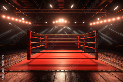 Empty Box arena illuminated by spotlights and spotlights, template with copy space for the banner. Sport betting, professional boxing, nobody. Black red colors. Generative AI. © SnowElf