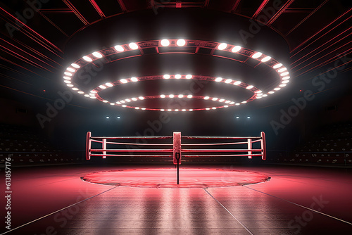 Empty circle Box arena illuminated by spotlights and spotlights, template with copy space for the banner. Sports betting, professional boxing, nobody. Black red colors. Generative AI.