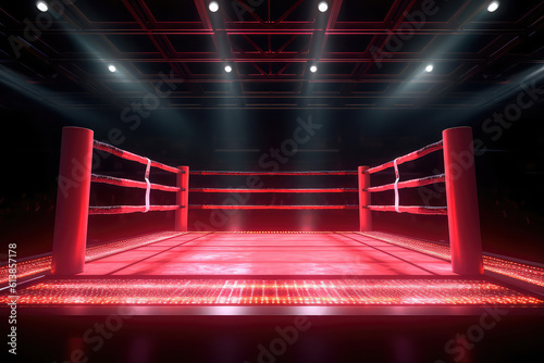 Electric lights Box arena illuminated by spotlights and spotlights  template with copy space for the banner. Sports betting  professional boxing  nobody. Black red colors. Generative AI.