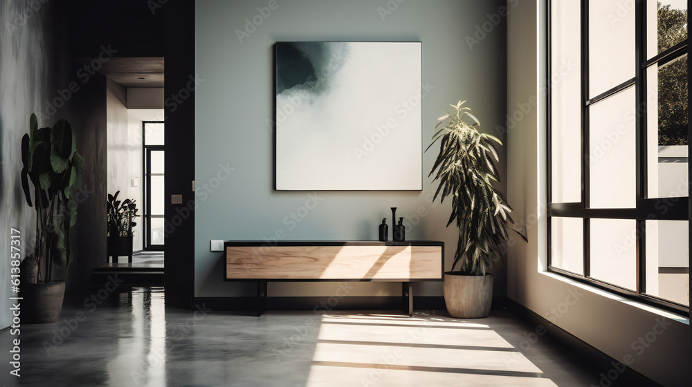 Modern Interior Design with Mockup Frame Poster, 3D Render, 3D Illustration Modern Interior Design with Mockup Frame Poster, 3D Render, 3D Illustration