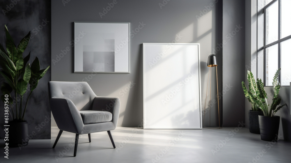 Fototapeta premium Modern Interior Design with Blank Mockup Frame Poster, 3D Render, 3D Illustration
