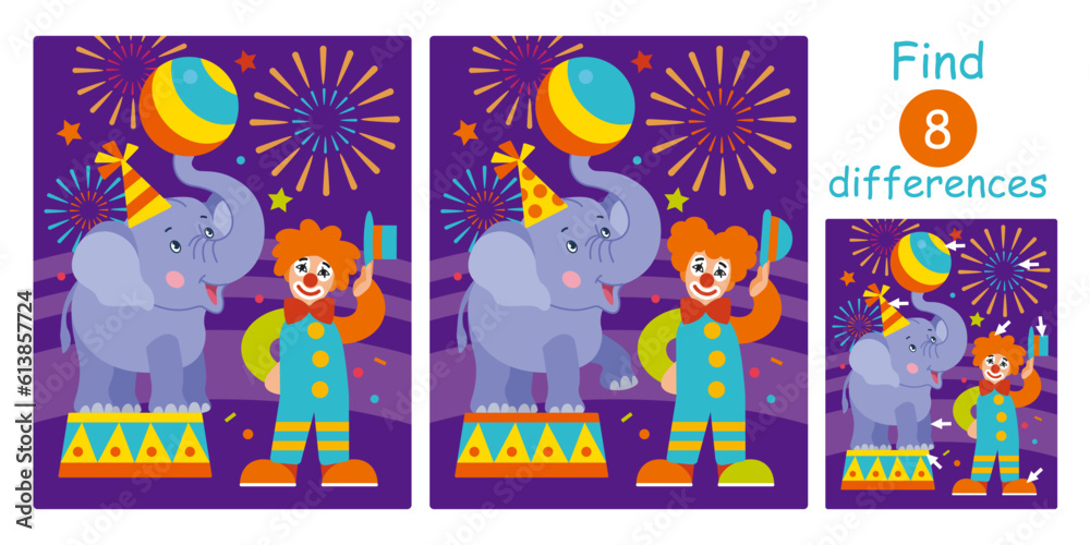 Find differences, education game for children. Cute cartoon flat vector illustration with clown and trained elephant in circus arena. Find differences, education game for children. Cute cartoon flat vector illustration with clown and trained elephant in circus arena.