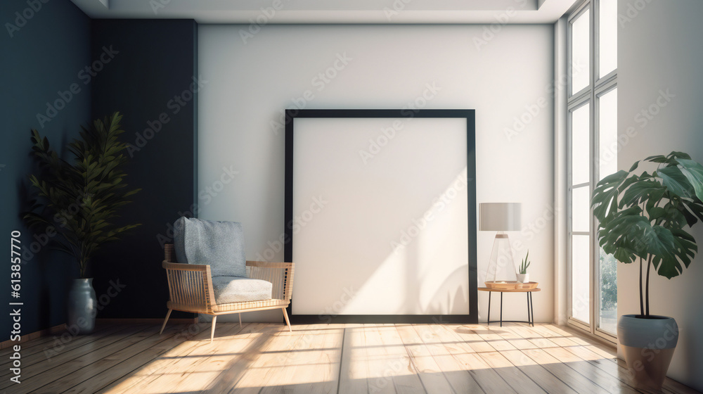 Fototapeta premium Modern Interior Design with Blank Mockup Frame Poster, 3D Render, 3D Illustration