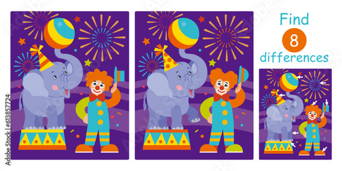 Find differences, education game for children. Cute cartoon flat vector illustration with clown and trained elephant in circus arena.