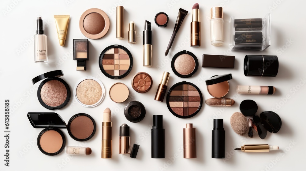 Different luxury makeup products on white background, top view. Generative AI Different luxury makeup products on white background, top view. Generative AI