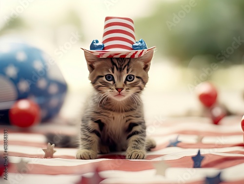 Adorable kitten with striped top hat celebrating the 4th of July