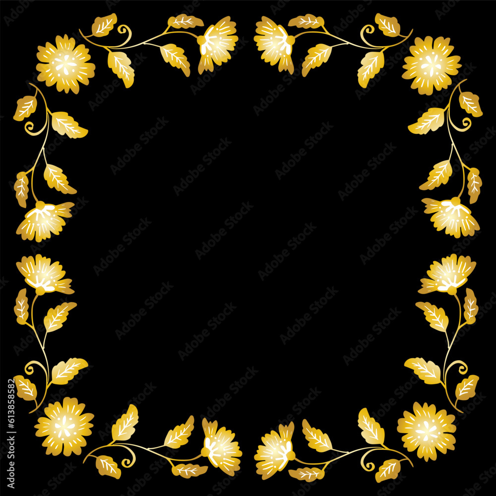 Doodle drawing gold floral frame on black background