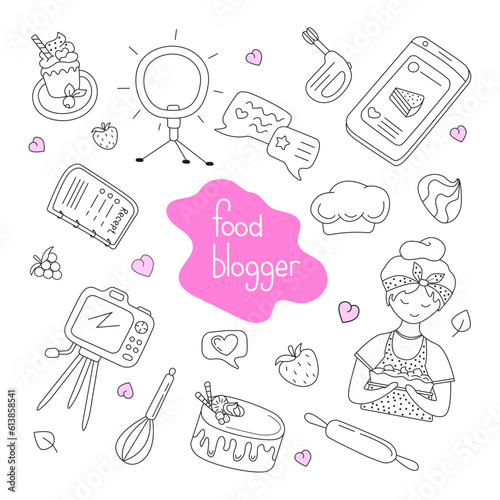 Vector set of food blogger illustrations in doodle style