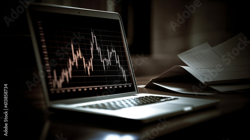 Rising Finance Graphs: A stock photo showcasing a rising finance graph on a laptop screen. The sharp upward trajectory of the graph signifies growth and success. Generative ai.