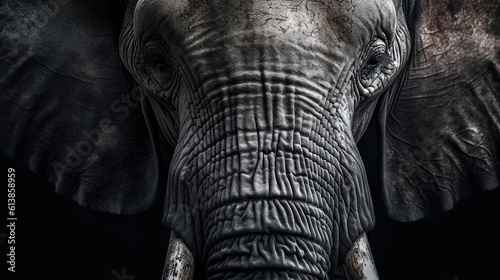  a close up of an elephant's face with a black background.  generative ai