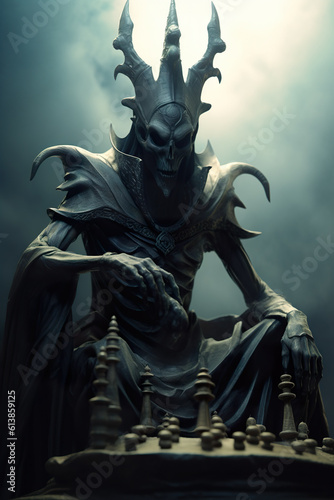 A statue of a demon sitting on top of a chess board. Generative AI.