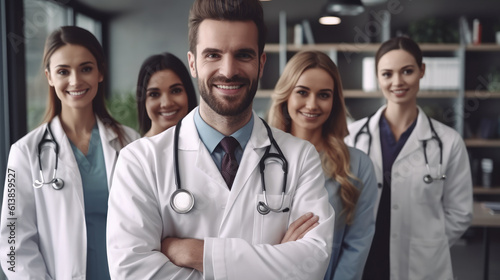 Portrait of multi-cultural medical team standing in hospital. Generative AI