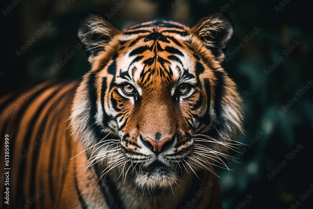 Close-up of Tiger's Face in Forest - Awareness and Curiosity Captured - AI Generative Close-up of Tiger's Face in Forest - Awareness and Curiosity Captured - AI Generative