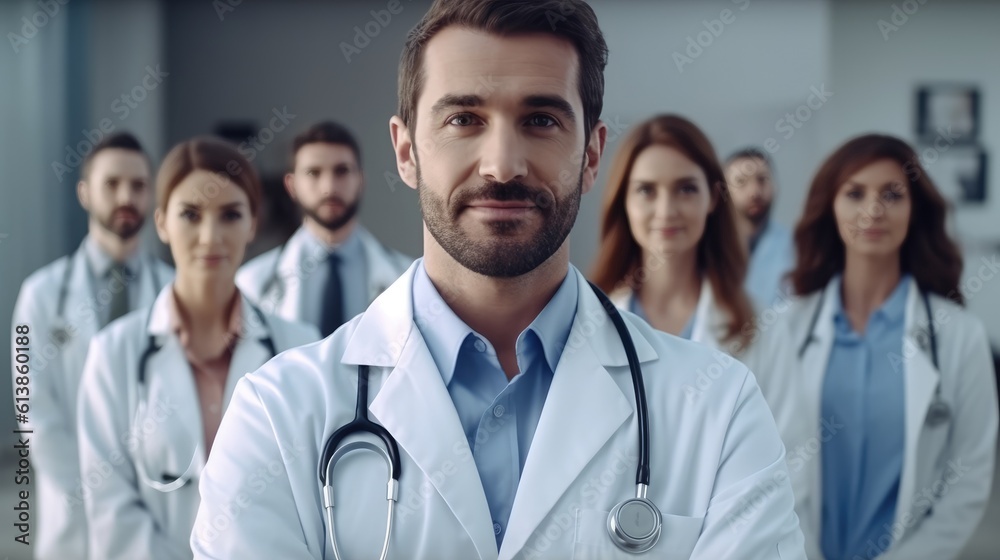 Portrait of multi-cultural medical team standing in hospital. Generative AI Portrait of multi-cultural medical team standing in hospital. Generative AI