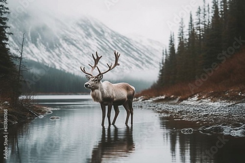 Majestic Elk with Large Antlers in Serene Lake and Forest Setting - AI Generative