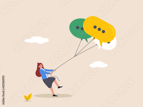 Communication management concept. PR public relation, handle public comment or social criticism, meeting summary or discussion talk, conversation or dialog, businesswoman manage speech bubble balloon.