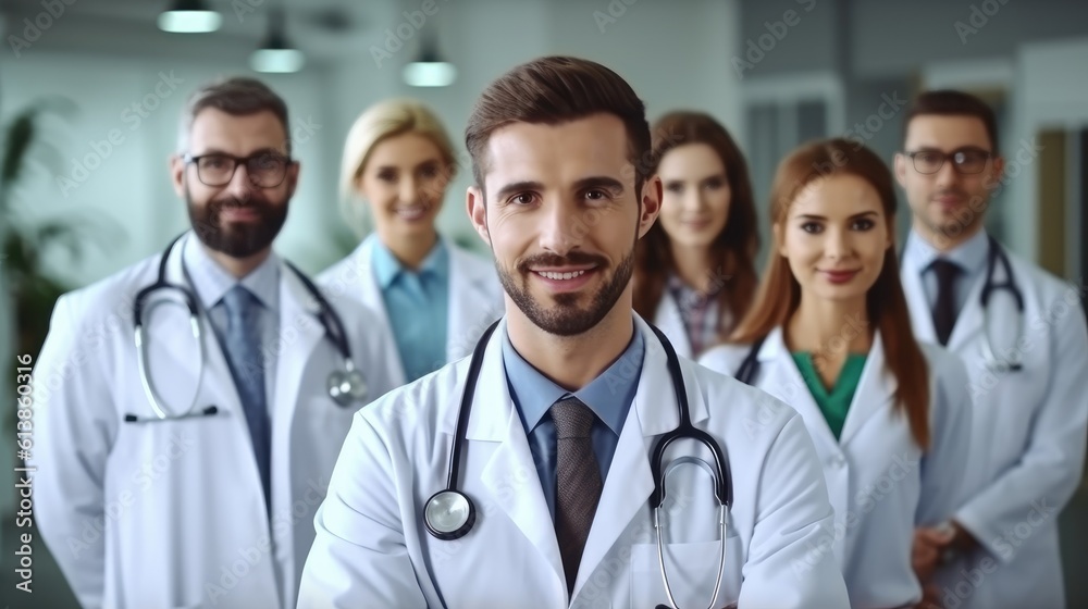 Portrait of multi-cultural medical team standing in hospital. Generative AI Portrait of multi-cultural medical team standing in hospital. Generative AI