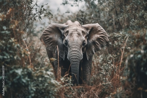 Majestic Elephant in Lush Green Forest Looking at Camera - AI Generative