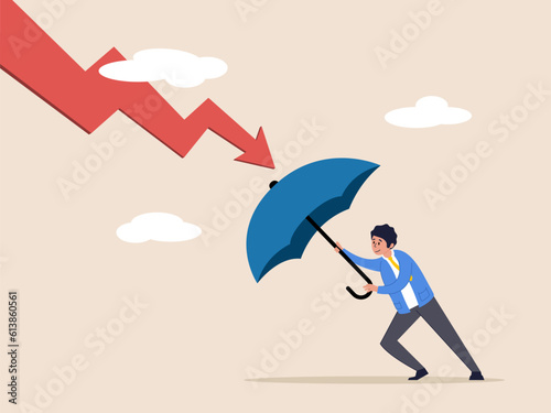 Insurance concept. Protection or defensive stock in economy crisis or market crash, business resilient to survive difficulty, businessman holding umbrella to cover and protect from downturn arrow.
