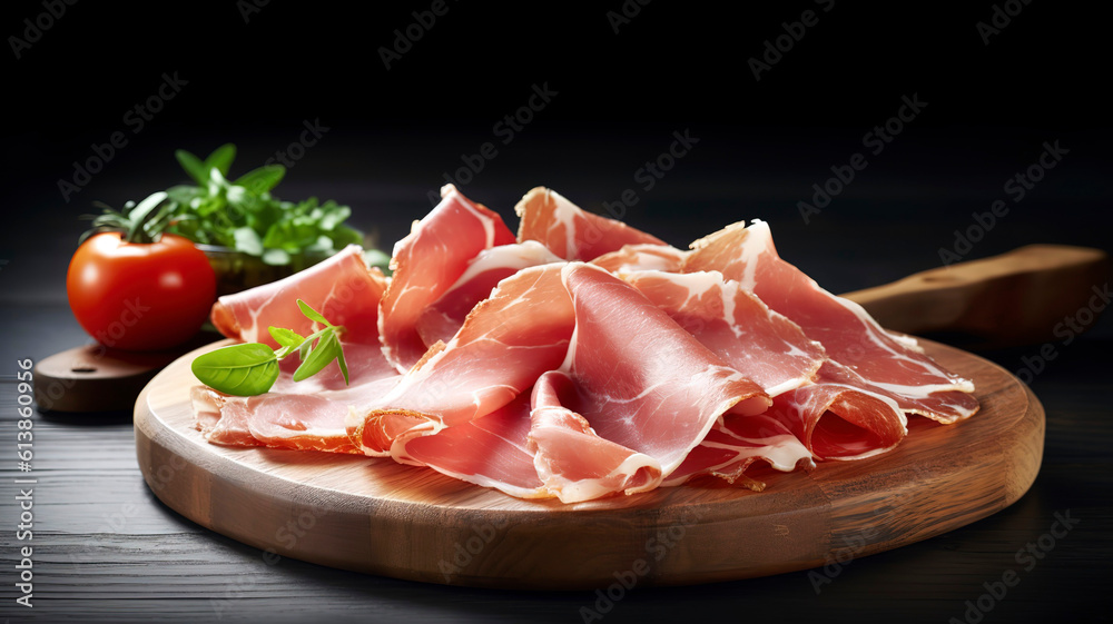 Serrano ham slices on a board.