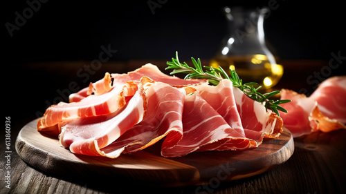 Fototapeta Naklejka Na Ścianę i Meble -  Serrano ham slices on a board.