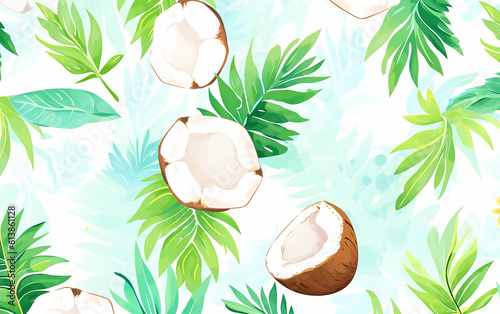 Abstract watercolor pattern with coconuts. Generative AI technology.