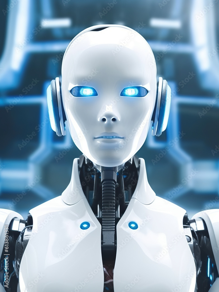 A white robot with headphones standing in front of a blue background. Generative AI. A white robot with headphones standing in front of a blue background. Generative AI.