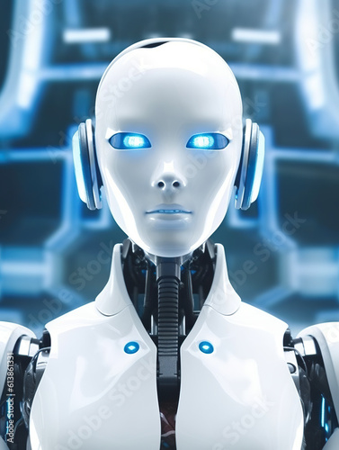 A white robot with headphones standing in front of a blue background. Generative AI.