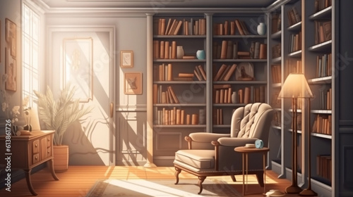 Scandinavian bookcase with armchair in modern cozy interior of room. Home library with book shelf. Generative ai.