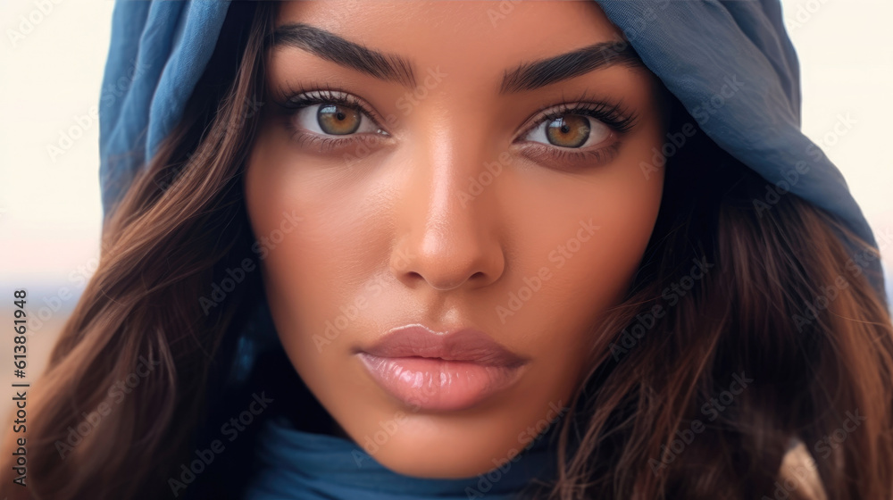 A woman is wearing color scarf in the desert. Generative AI A woman is wearing color scarf in the desert. Generative AI
