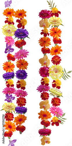 Vertical Indian garlands hanging as religion holiday decor: aster, chrysanthemum, gerbera, daisy, marigold, orchid flowers. Buddhist traditional ornamentation. Illustration in watercolor style, vector