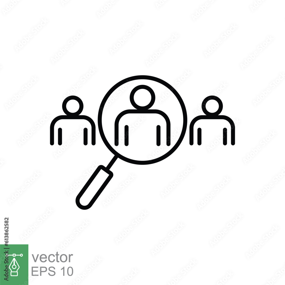 Search job vacancy icon. Simple outline style. Recruit people, find human resource, magnifier, business concept. Thin line symbol. Vector illustration isolated on white background. EPS 10. Search job vacancy icon. Simple outline style. Recruit people, find human resource, magnifier, business concept. Thin line symbol. Vector illustration isolated on white background. EPS 10.