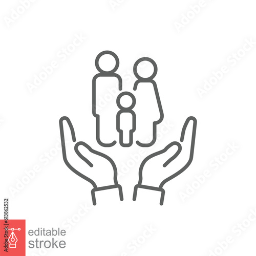 Family support icon. Simple outline style. Two hands protecting or giving aid to family, care, help concept. Thin line symbol. Vector illustration isolated on white background. Editable stroke EPS 10.