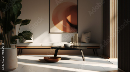 Stylish Interior with an Abstract Mockup Frame Poster, Modern interior design, 3D render, 3D illustration