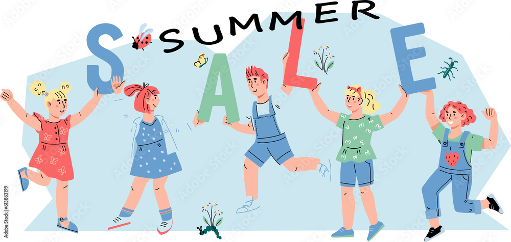 Summer sale banner template for kids clothes and baby products. Summer sale banner or poster with cute children. Summer sale banner template for kids clothes and baby products. Summer sale banner or poster with cute children.