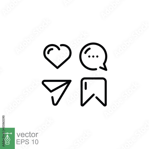 Social media icon set. Simple outline style. Like, comment, share, save, mobile phone chat message concept. Thin line symbol. Vector illustration isolated on white background. EPS 10.