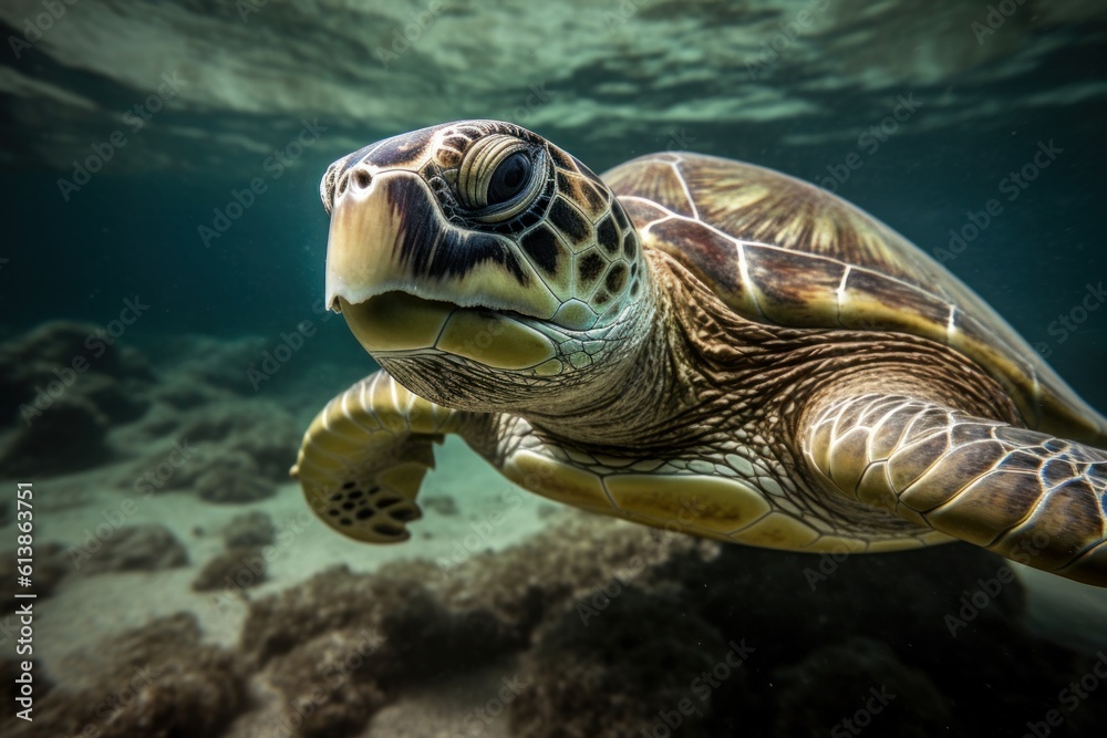 Sea turtles swimming in bright clear turquese underwater. Generative Ai Sea turtles swimming in bright clear turquese underwater. Generative Ai