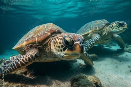 Sea turtles swimming in bright clear turquese underwater. Generative Ai photo