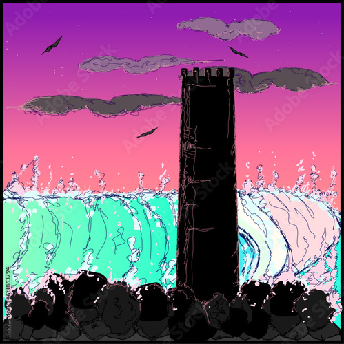 A lighthouse castle with sunset , birds and giant wave over jetty rocks