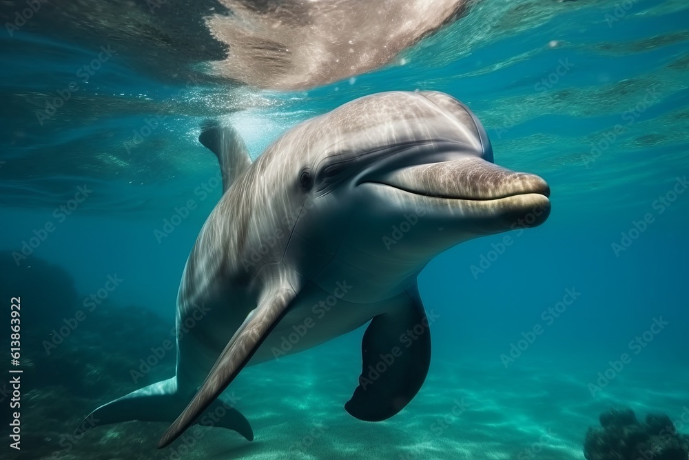 Fototapeta premium Happy dolphin swimming in bright clear turquese water. Generative AI