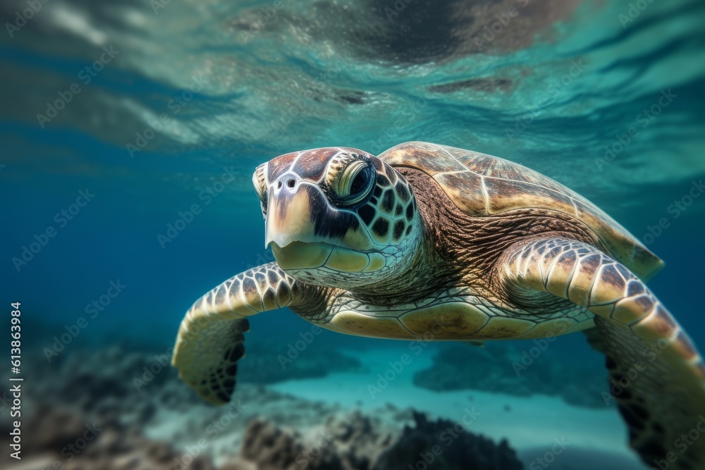 Fototapeta premium Sea turtles swimming in bright clear turquese underwater. Generative Ai