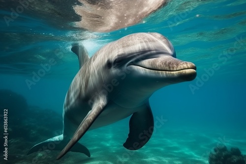 Happy dolphin swimming in bright clear turquese water. Generative AI © bluebeat76