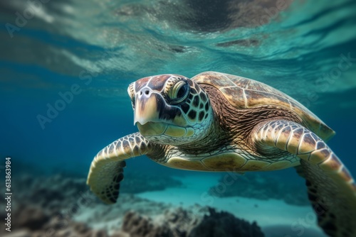Sea turtles swimming in bright clear turquese underwater. Generative Ai