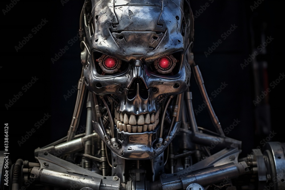 Cyborg endoskeleton portrait on black background Generative AI Cyborg endoskeleton portrait on black background Generative AI