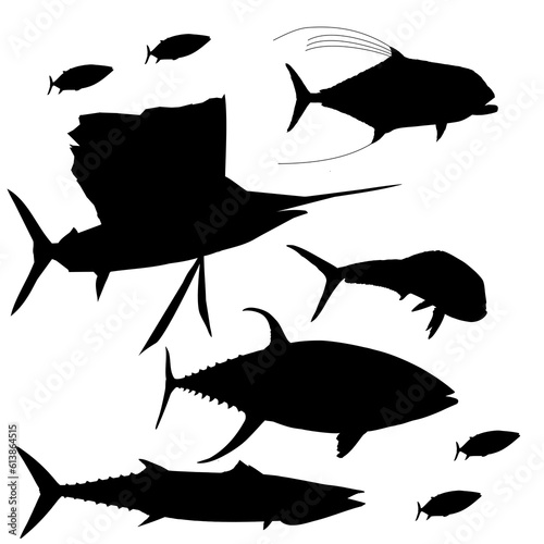 Silhouettes of Tuna, Mahi, Sailfish, Kingfish , African Pompano pattern 